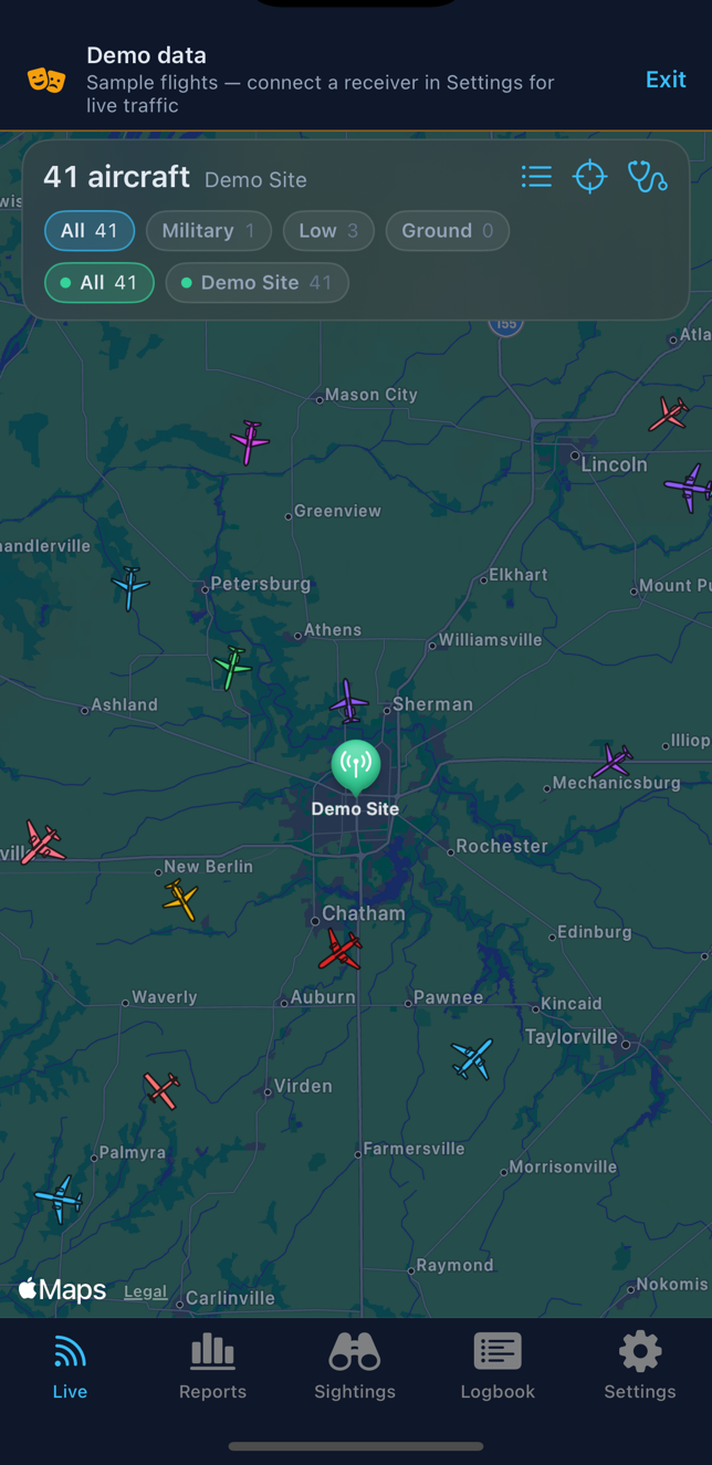 Overhead 1090 iOS app showing 41 sample aircraft on a dark map around a demo receiver site, with military, low-altitude and ground filters